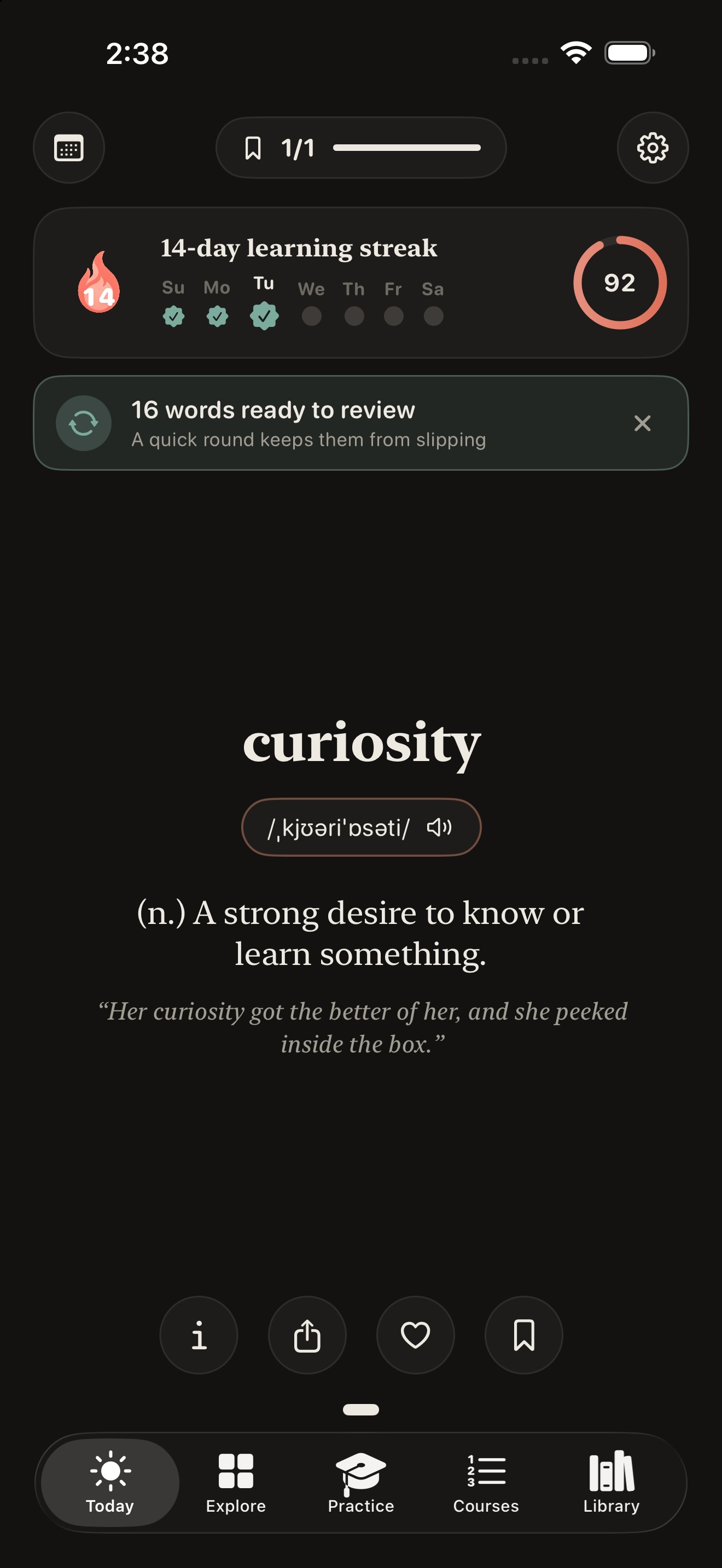 Wordkin's Today screen in dark mode, with a 14-day streak and the word curiosity