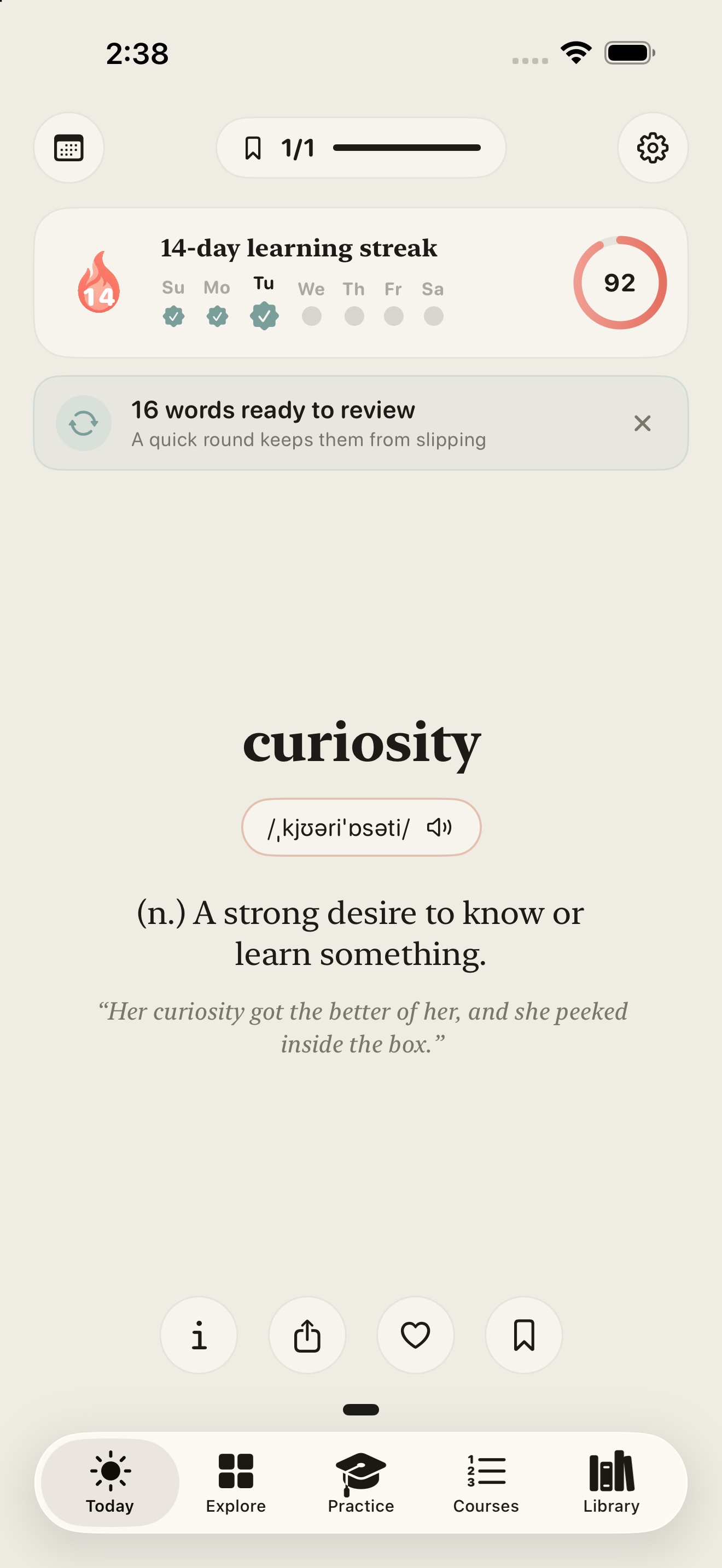 Wordkin's Today screen with the word curiosity, daily streak, and Daily Puzzle