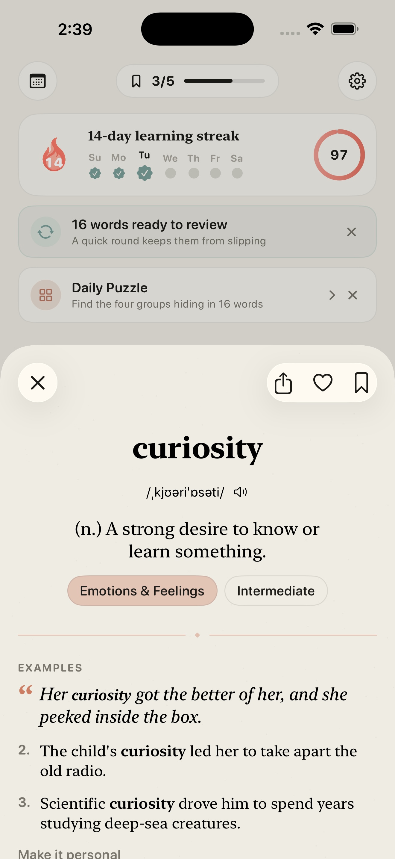 A Wordkin word detail screen with usage coaching, synonyms, origin, and memory trick